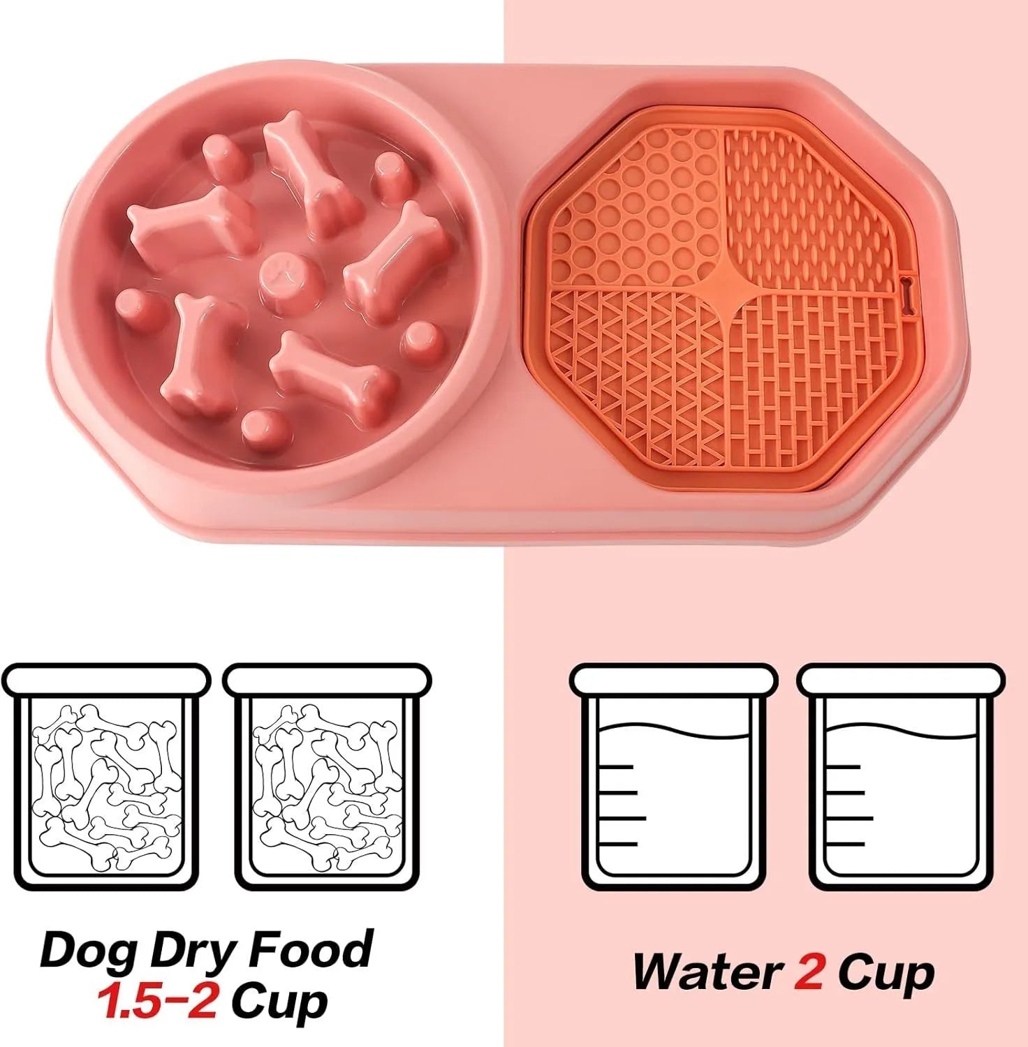 Blue slow feeder dog bowl with maze pattern for anti-gulping, non-slip base, on a wooden floor.