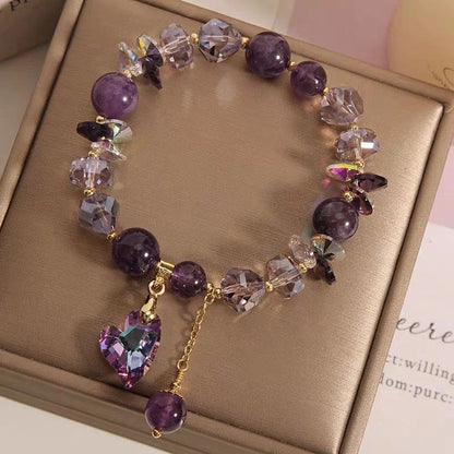 Natural amethyst heart-shaped pendant bracelet in antique style with geometric design