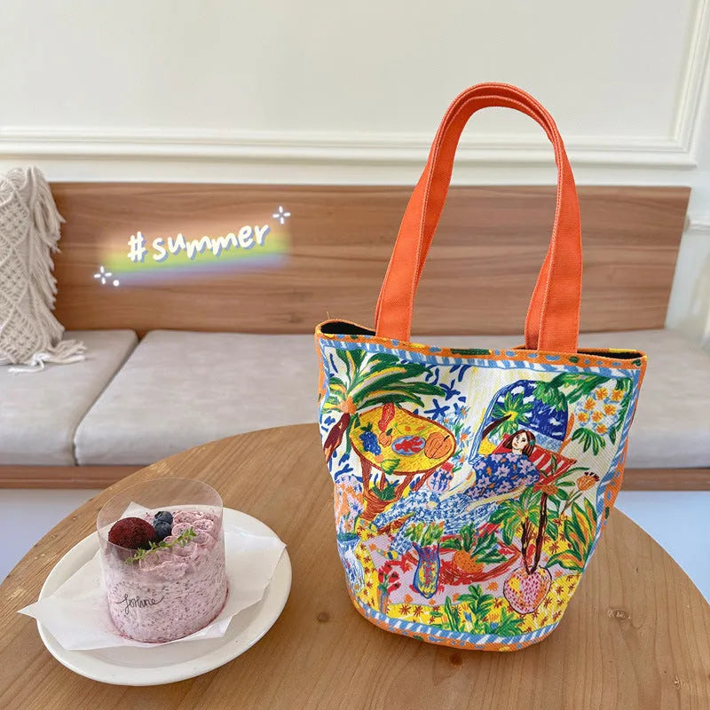 Dream garden orange plush bucket handbag with canvas lining and internal zipper compartment