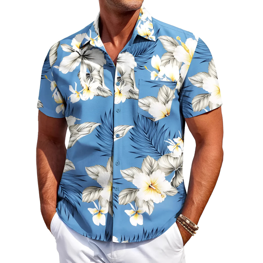 Man wearing a slim-fit Hawaiian pattern short-sleeve shirt in a casual setting.