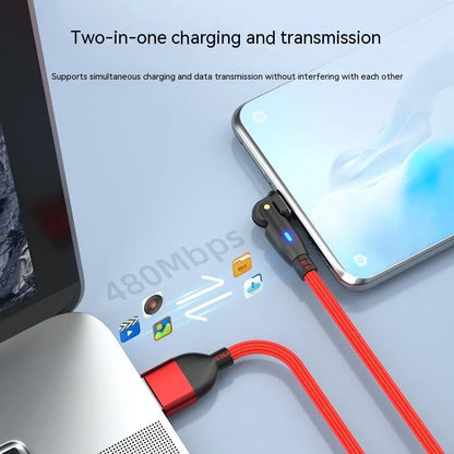 180-degree bendable fast charge data cable in black, red, and purple
