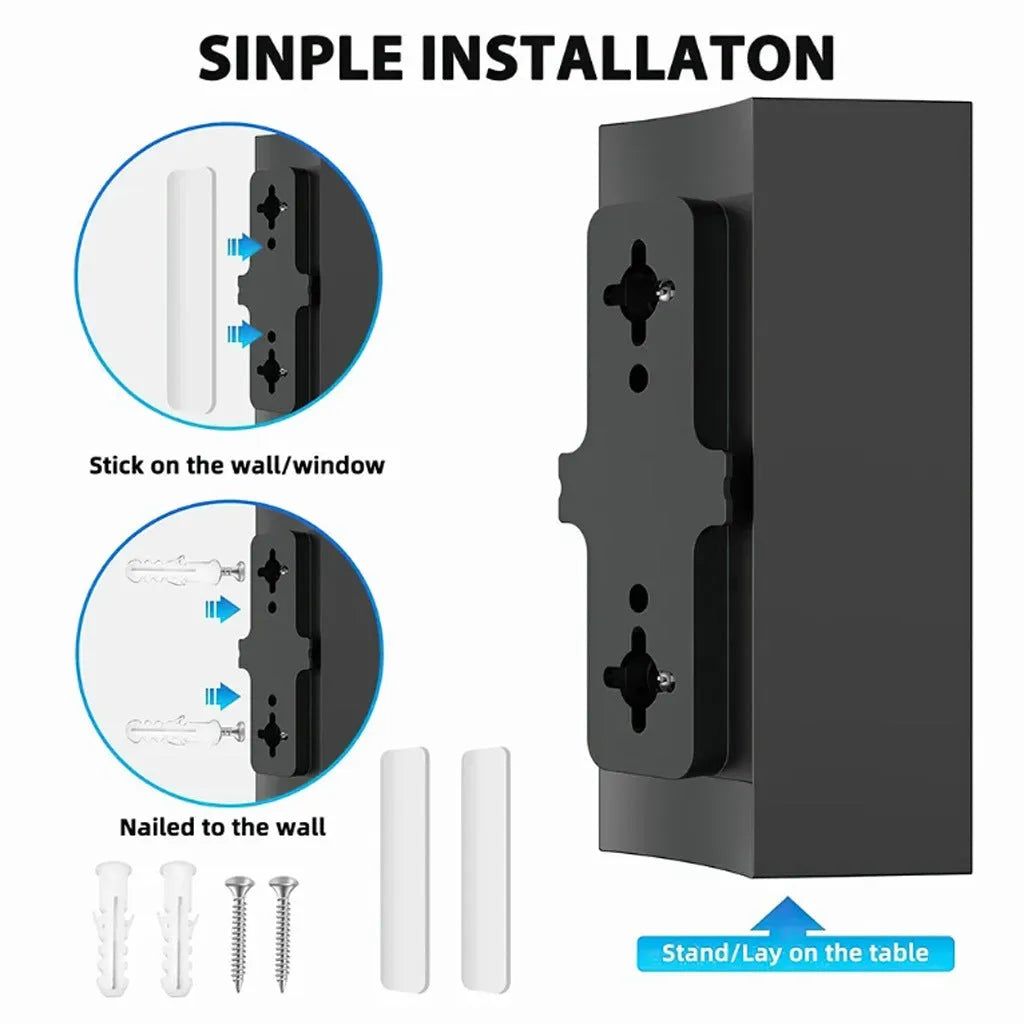 Black plastic digital television antenna with mounting hardware including expansion tubes, screws, cable ties and adhesive tape
