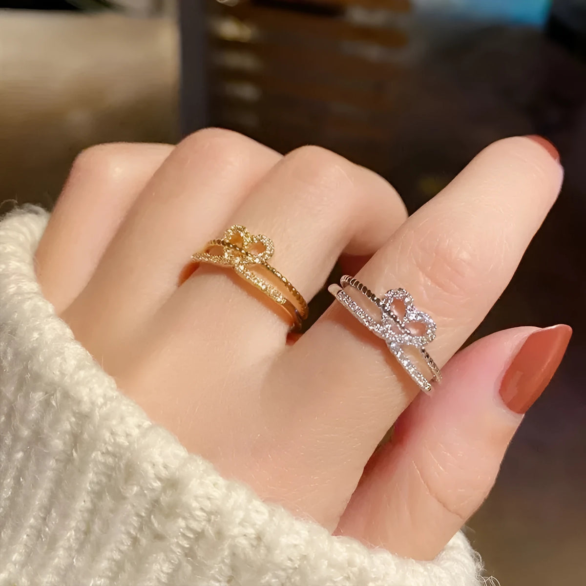 Love ring for women in copper electroplated finish, geometric shape, Korean style, gold colour
