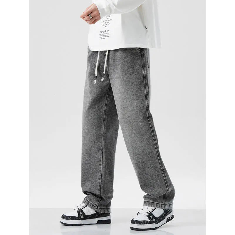 Retro loose straight-leg denim pants for men with rope closure in retro blue colour