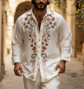 Men's retro style 3D printed long sleeve cardigan in bamboo linen fabric, loose fit summer top