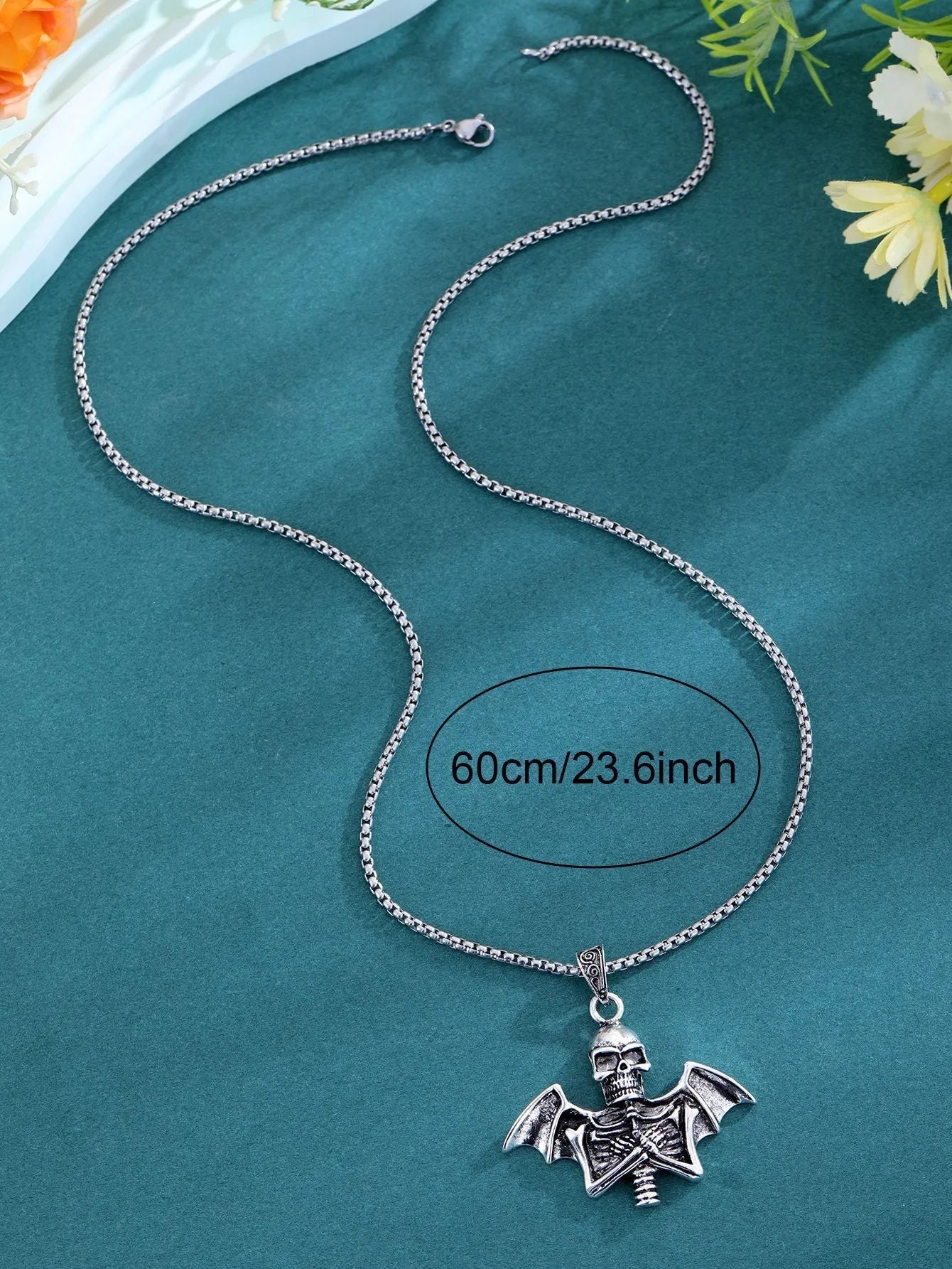 Angel skull retro punk men's collarbone chain necklace with silver-tone metal pendant and adjustable chain