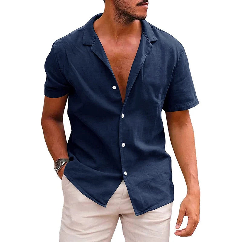Men's linen-cotton blend short sleeve summer shirt in various colours