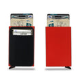 Frosted aluminium metal credit card holder in multiple colours showing slim profile.