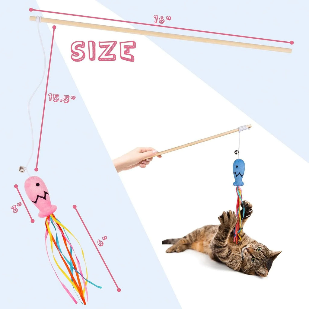 Blue cat wand toy with wooden handle, elastic rope, colourful ribbons, bell, and a catnip fish.