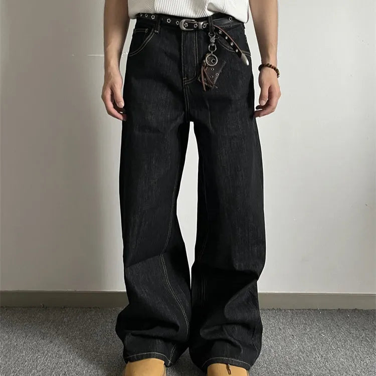 Black retro wide-leg jeans with straight-leg design and zip fly opening