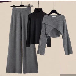 Women's 3-piece knitted sweater suit in grey with white shirt and wide-leg pants for autumn and winter wear