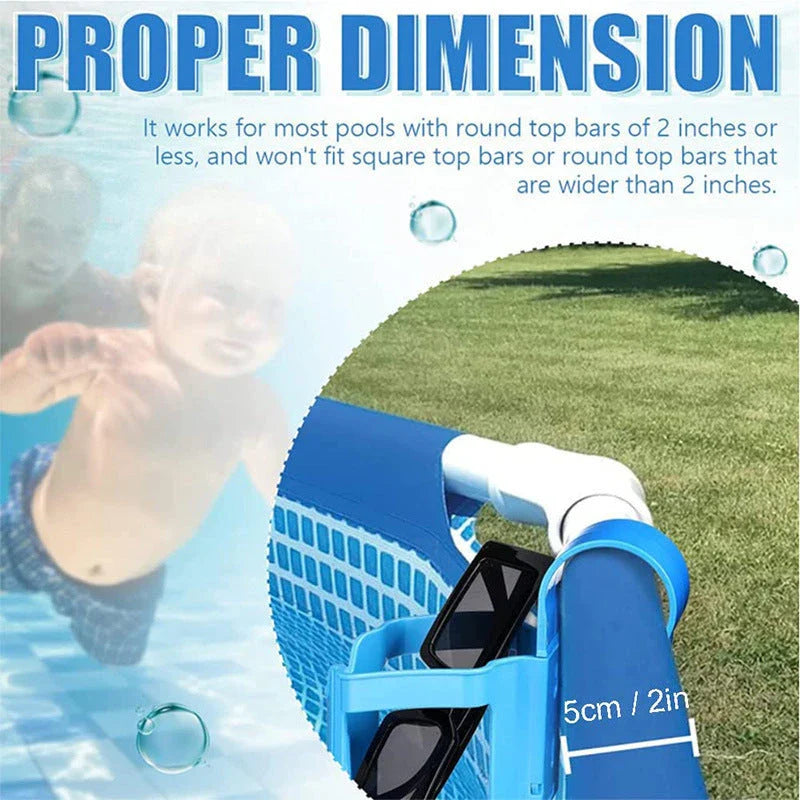 Poolside drink holder securely clipping onto the side of an above-ground swimming pool, holding a variety of cup sizes for refreshing beverages