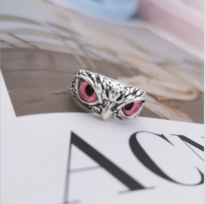 Vintage demon eye owl ring in sterling silver with adjustable opening