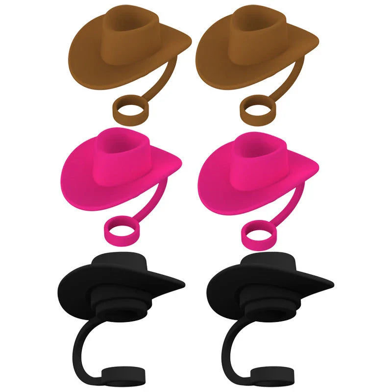 Sturdy Cowboy Hat-shaped straw covers made of food-grade silicone in vibrant colors like red, black, and brown