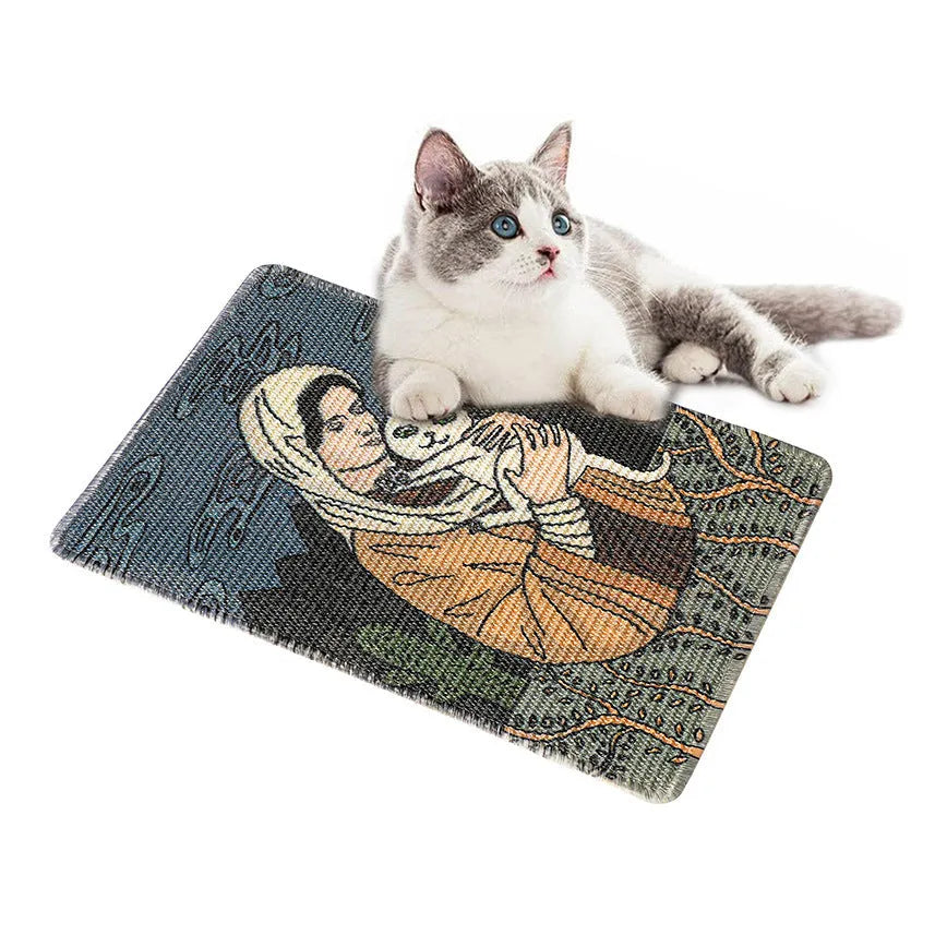 Printed sisal cat scratching pad with cartoon design showing a cat figure, 7mm thick, in 33x55cm size