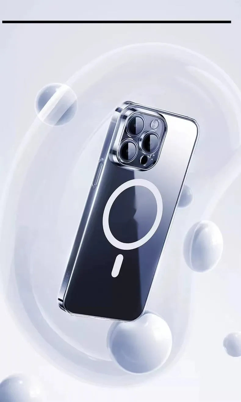 Crystal transparent magnetic phone case with frosted finish for Apple iPhone 15 and 16 series