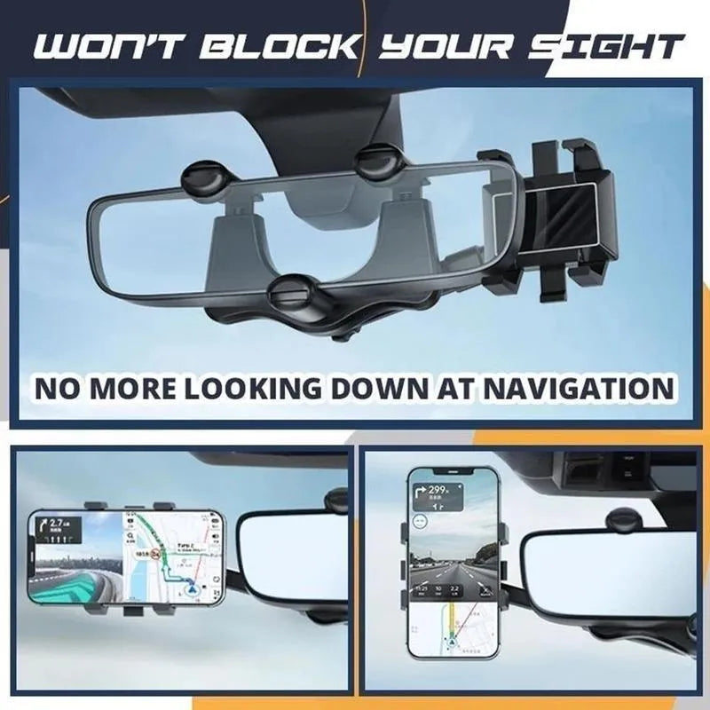 Black rearview mirror car phone holder with four-claw grip and adjustable arm mounted on a car mirror.