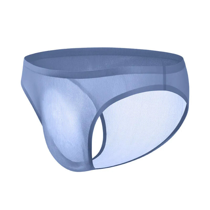 Men's ice silk seamless underwear briefs in translucent fabric with stripe patterns