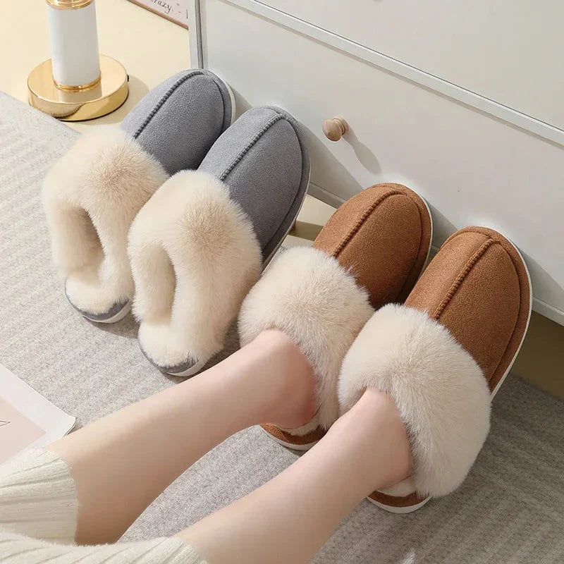 Cozy plush home slippers in a variety of colors, featuring a soft lining and non-slip sole for maximum comfort and traction