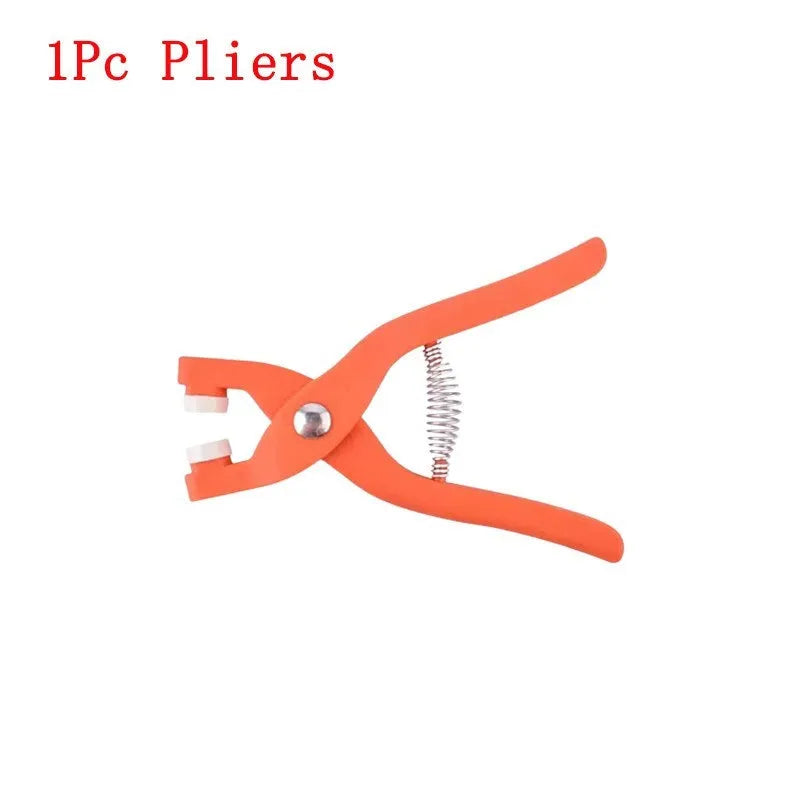 Stainless steel five-claw no-sew buttons and pliers for children's clothing.