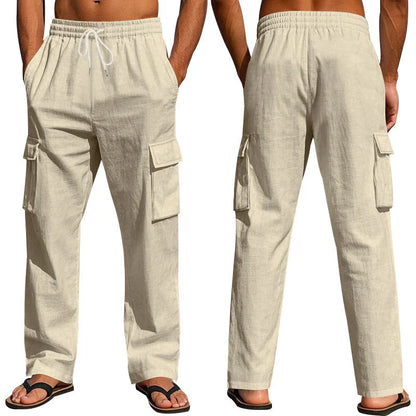 Men's multi-pocket linen pants in various colours