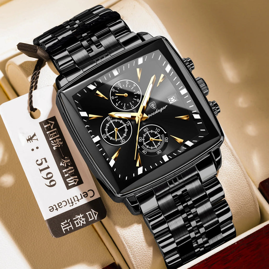 Square men's business watch with stainless steel strap and butterfly buckle on wrist