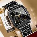 Square men's business watch with stainless steel strap and butterfly buckle on wrist