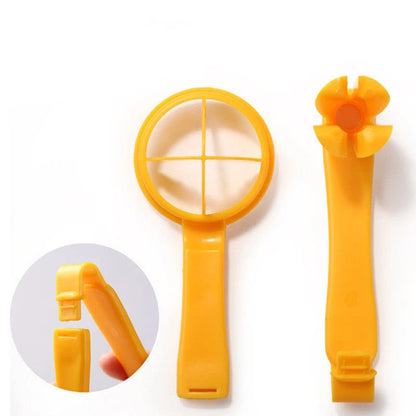 Manual tomato slicer with serrated knife for even dicing, available in red and yellow