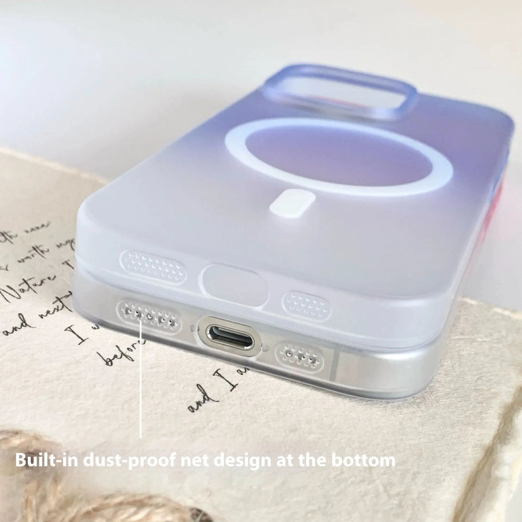 Gradient frosted magnetic suction iPhone case showing ultra-thin PC construction and colour variations