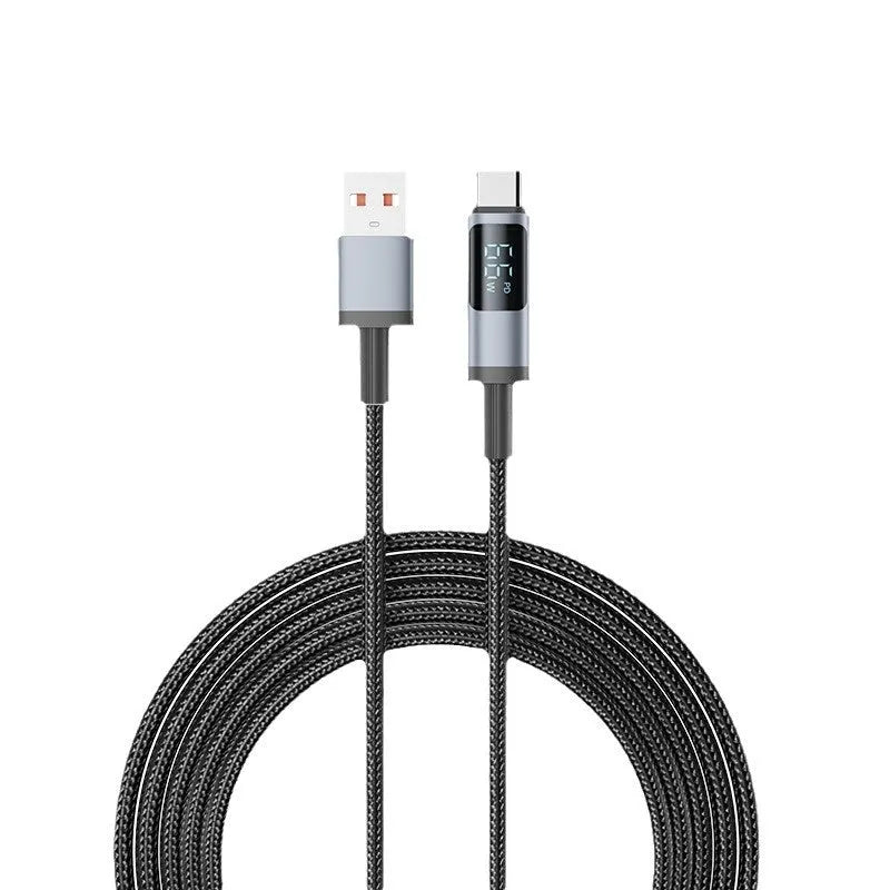 Phone fast charge data cable woven black digital display 1.2m Lightning Type-C 66W