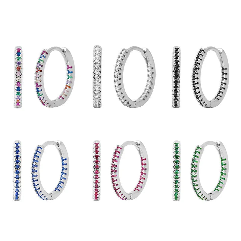 Circle clip-on earrings with multicolour zircon stones, copper base with gold plating, geometric round shape