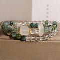 Double circle green grass agate and white agate cube sugar bracelet on a neutral background