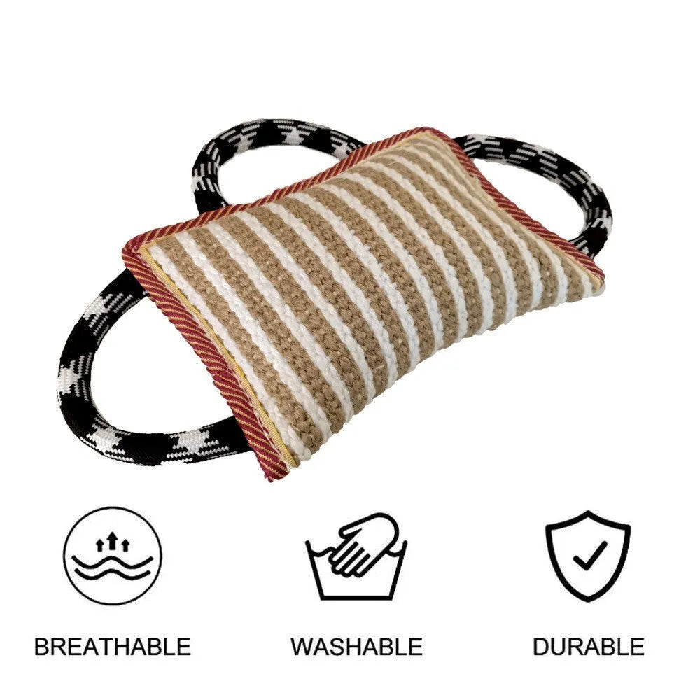 Jute bite pillow dog tug toy with three rope handles in various colours