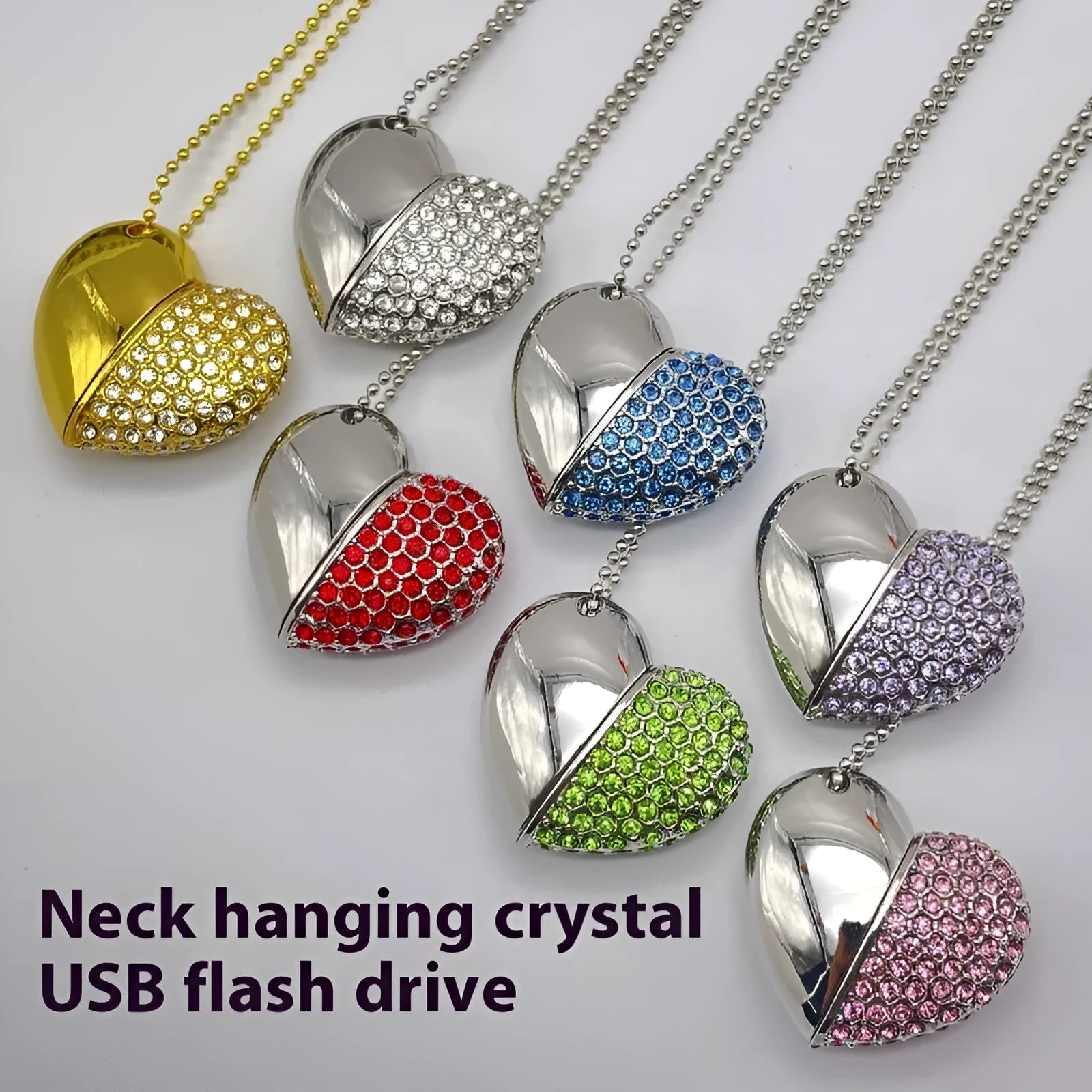 Heart-shaped metal USB flash drive with a brick pattern design, showing front and side views.