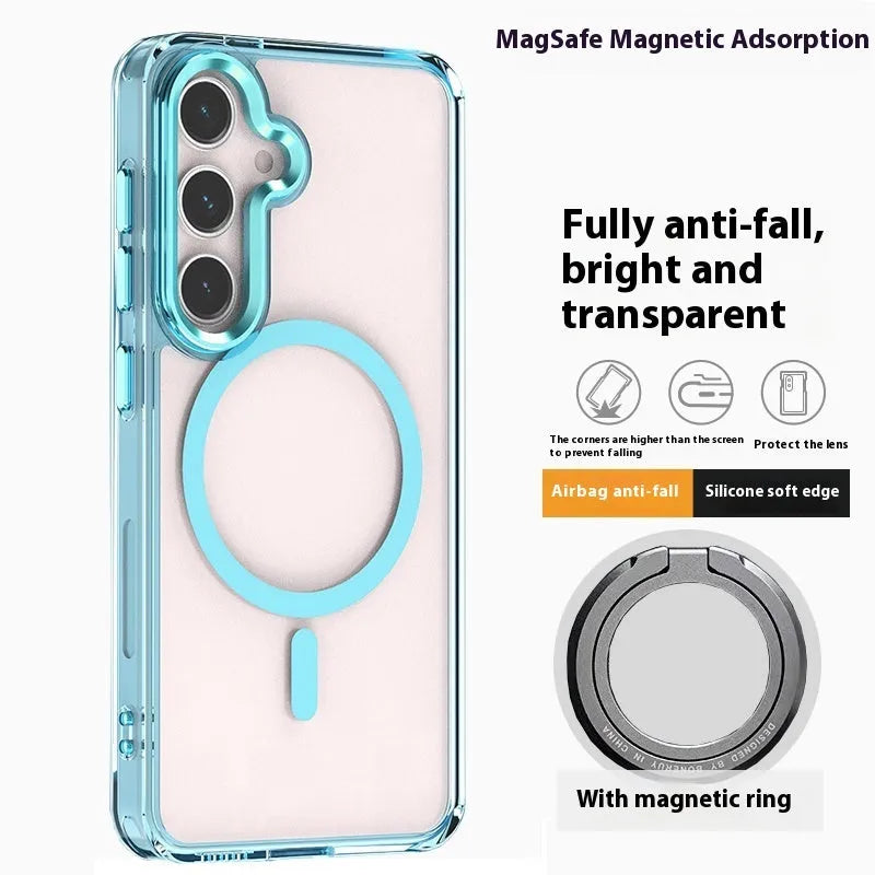 Transparent magnetic silicone phone case for Samsung Galaxy S23 FE with anti-drop protection and magnetic ring