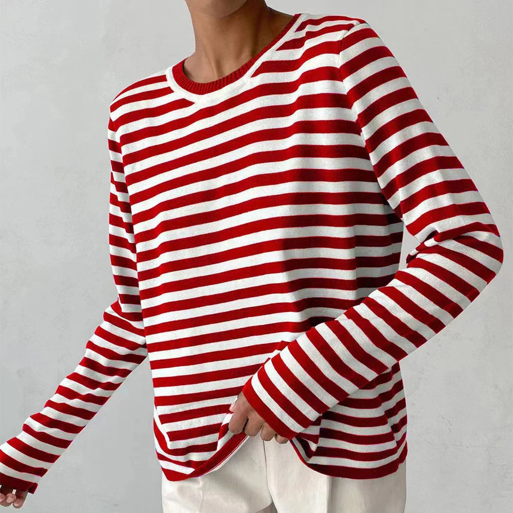 Women's knitted striped long sleeve sweater in various colours