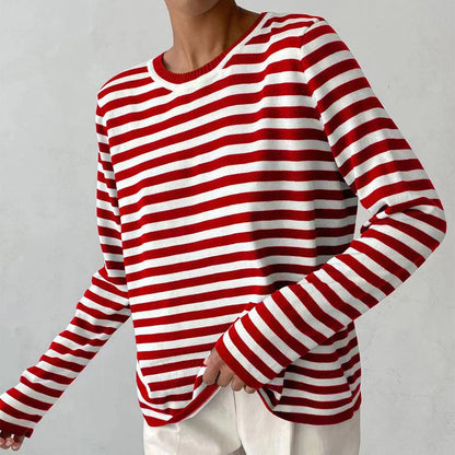 Women's knitted striped long sleeve sweater in various colours