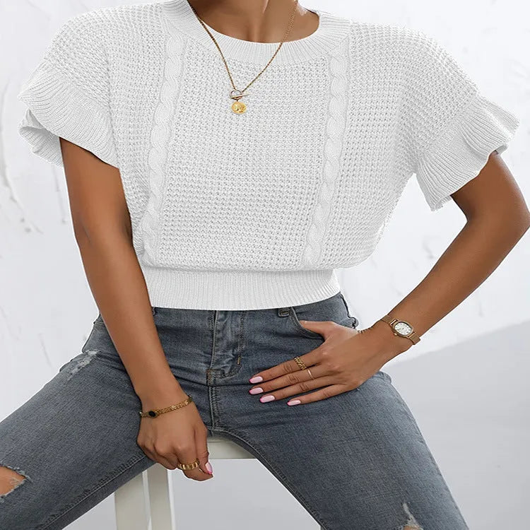 Knitted pullover sweater with twisted string ruffled short sleeves in Japanese Korean casual style