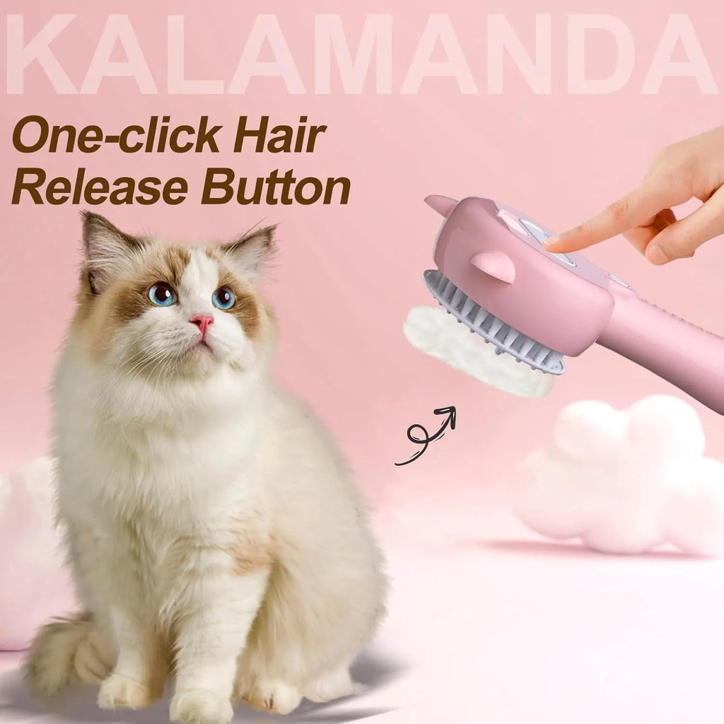 Blue pink yellow 4-in-1 pet steam brush with cat ear-shaped handle and release button