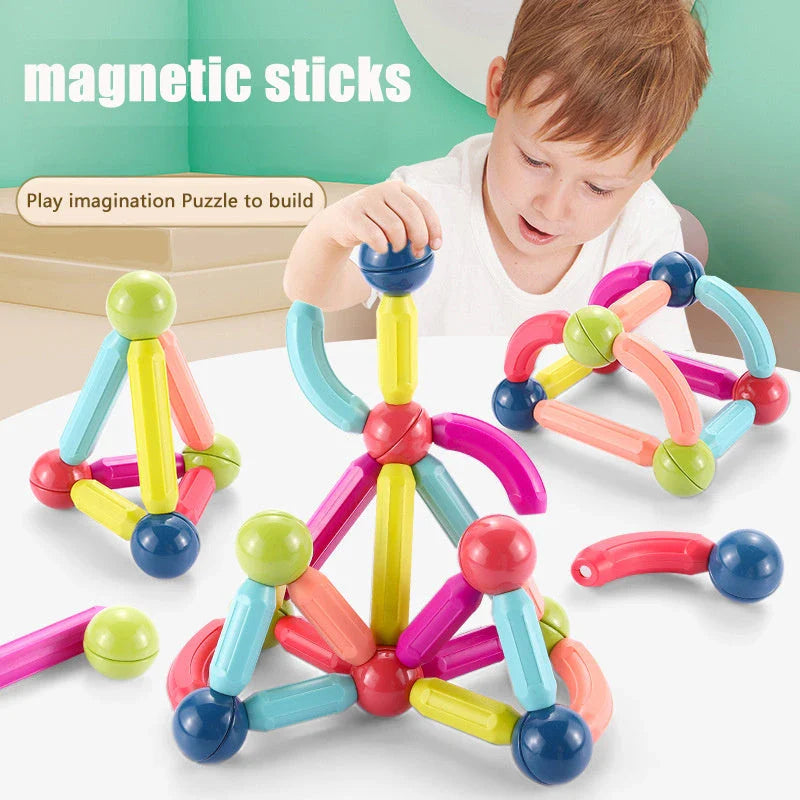 Magnetic building blocks and rods in various sizes and colors for creative play and early learning