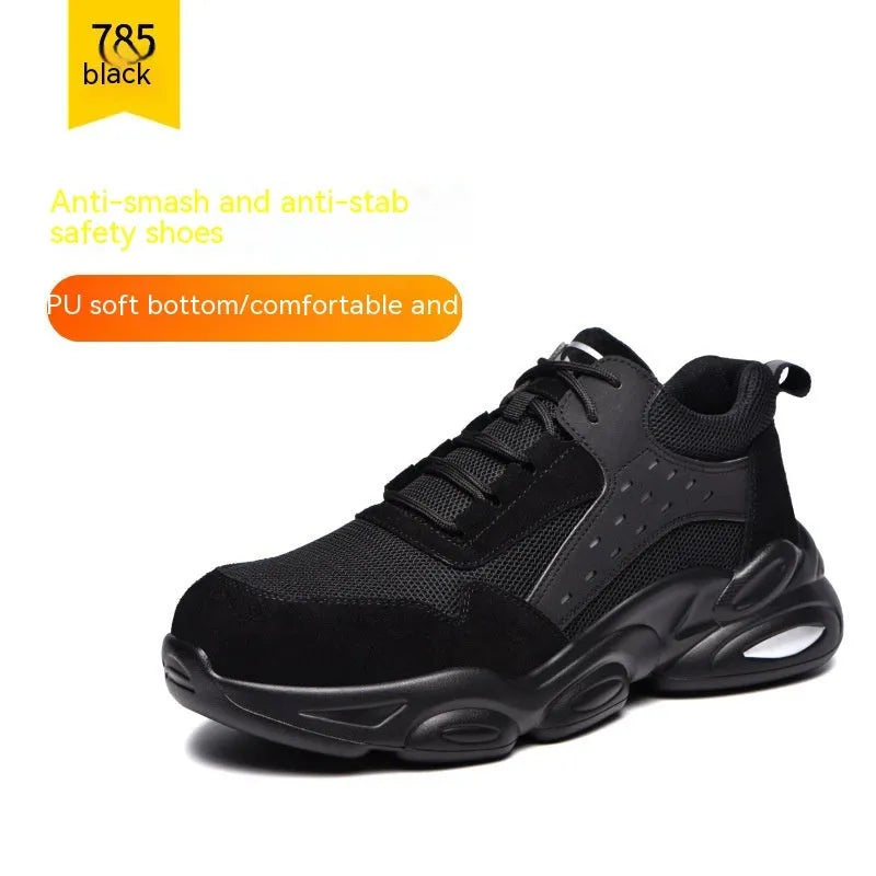 Men's black labour protection shoes with mesh Flyknit upper and PU sole for construction site safety.