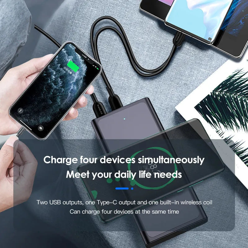 Black and blue alloy shell 10000mAh power bank with wireless charging function.
