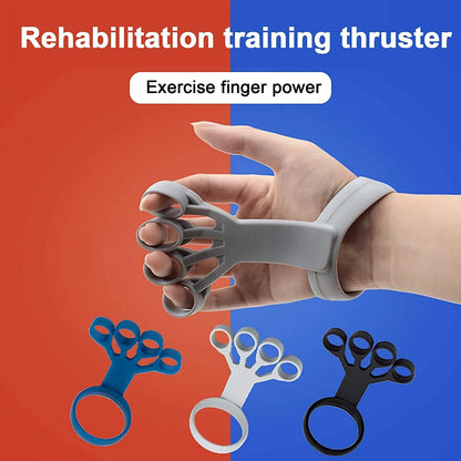 Silicone finger exerciser in black, grey, and blue colors with adjustable resistance levels to strengthen hands and relieve arthritis pain