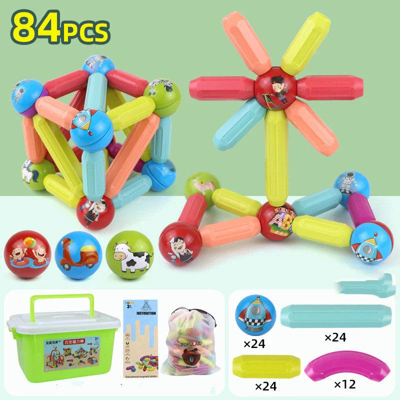 Magnetic building blocks and rods in various sizes and colors for creative play and early learning