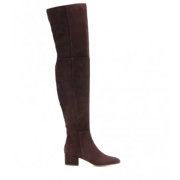 Women's grey over-the-knee flat boots with pointed toe and thick rubber sole