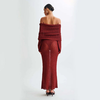 One-shoulder knitted maxi dress in various colors, including apricot, white, and black, with a flowing, high-waist design.