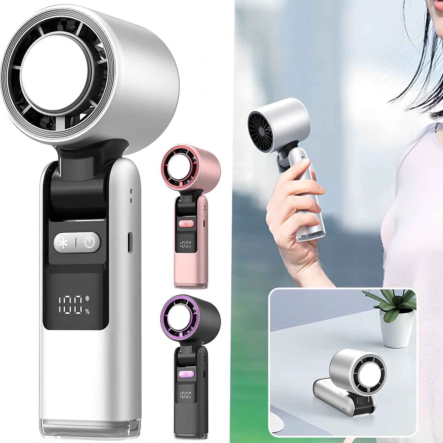 White USB-powered mini turbos fan folded 180° showing digital display and plastic blades, 63x57x176mm for portable camping cooling