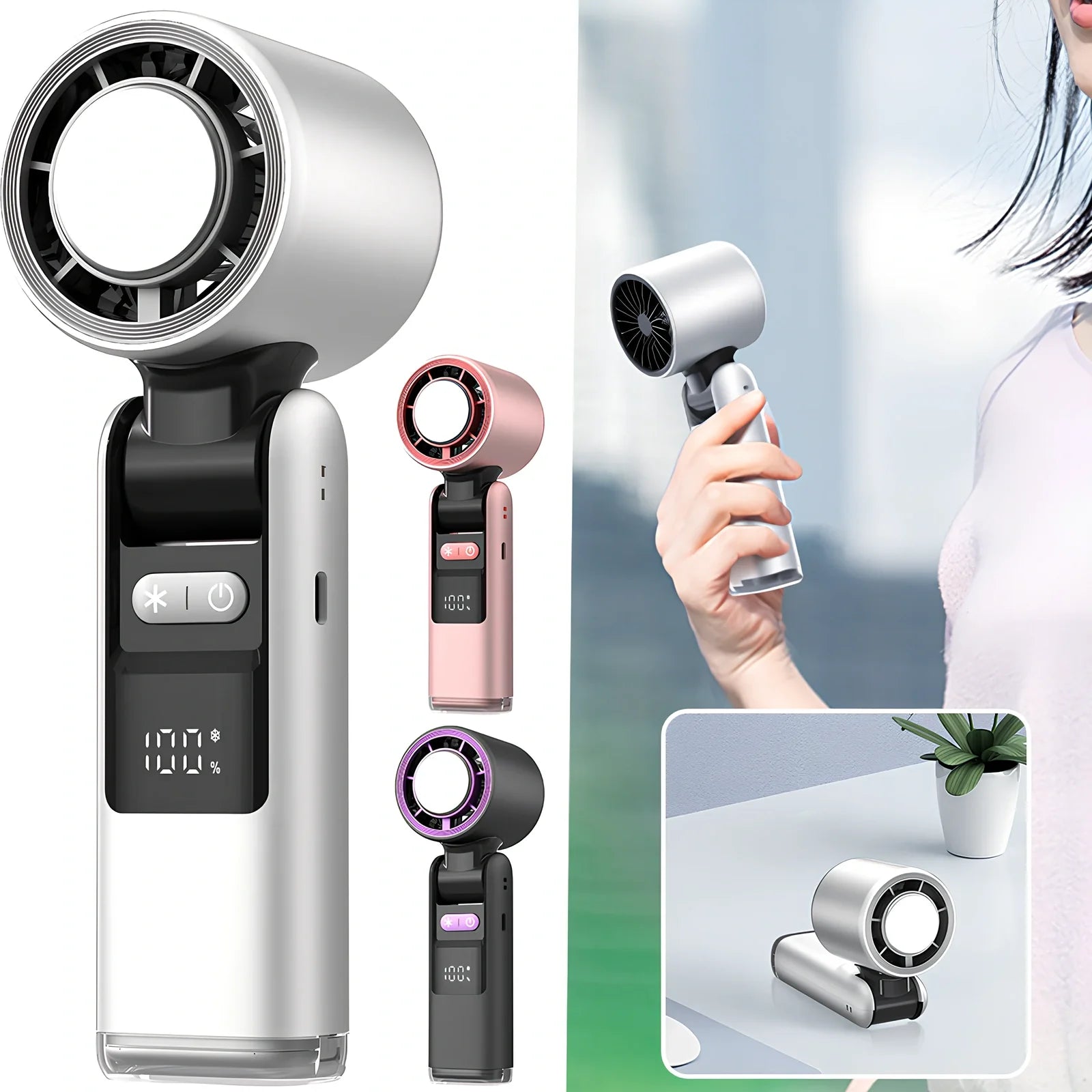 White USB-powered mini turbos fan folded 180° showing digital display and plastic blades, 63x57x176mm for portable camping cooling