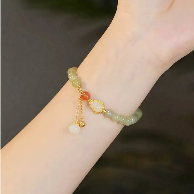Jade women's bracelet with gold gourd sense design and fu character symbol, 6mm gold plated finish