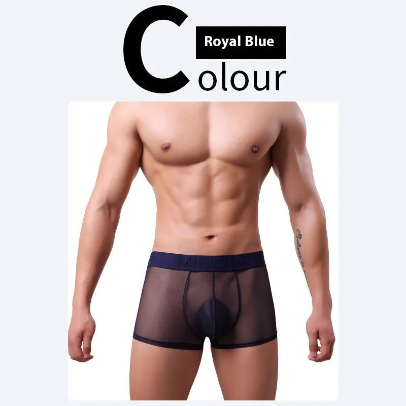 Men's thin invisible boxers in six colours including black, white, sapphire blue, skin colour, green and pink